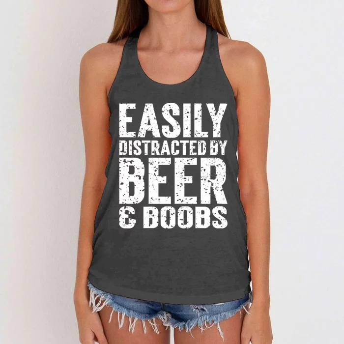 Easily Distracted By Beer And Boobs Funny Adult Humorous Women's Knotted Racerback Tank