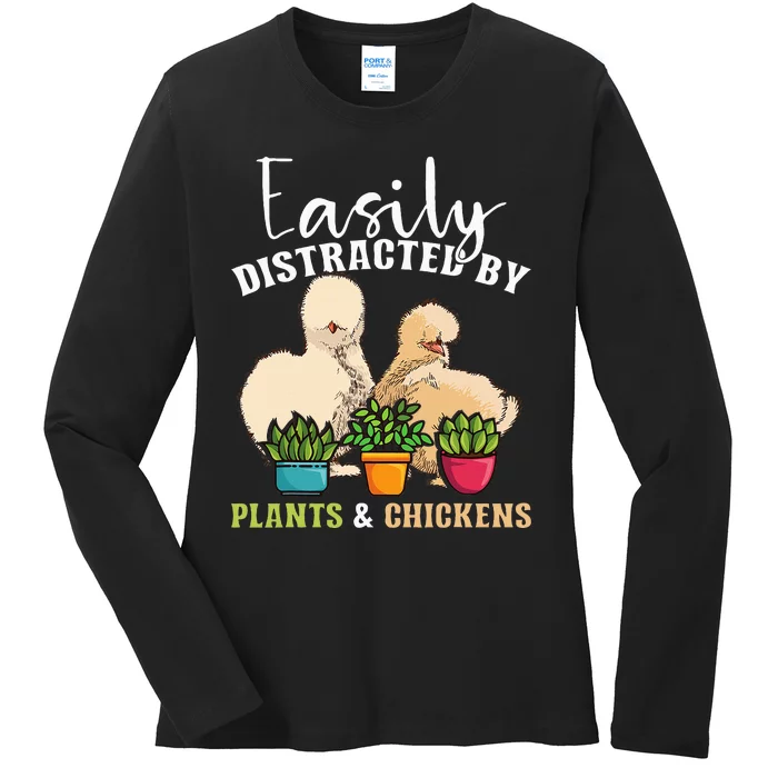 Easily Distracted By Plants & Chickens Silkie Chicken Ladies Long Sleeve Shirt