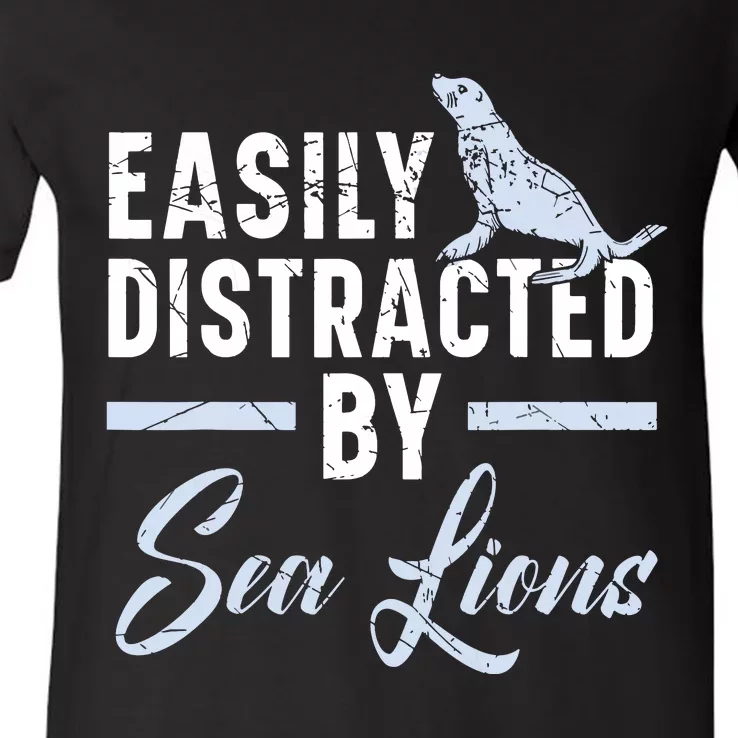 Easily Distracted By Sea Lions Animal Marine Biologist V-Neck T-Shirt