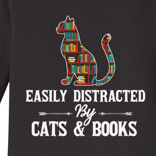 Easily Distracted By Cats and Books Librarians Bibliophiles Baby Long Sleeve Bodysuit