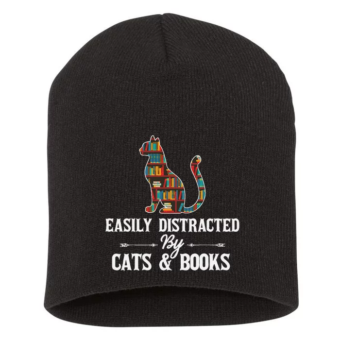 Easily Distracted By Cats and Books Librarians Bibliophiles Short Acrylic Beanie