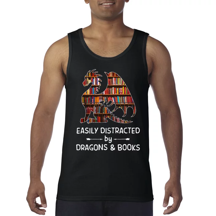 Easily Distracted By Dragon And Books Nerds Tank Top