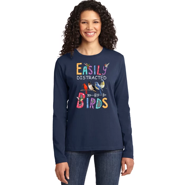 Easily Distracted By Birds Funny Bird Ladies Long Sleeve Shirt