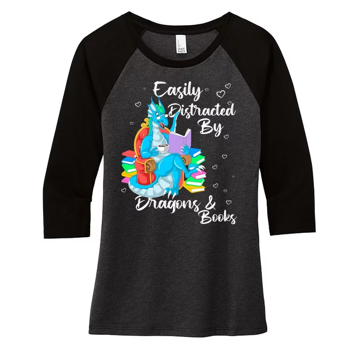 Easily Distracted By Dragons And Books Women's Tri-Blend 3/4-Sleeve Raglan Shirt