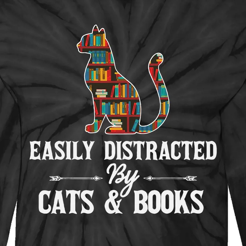 Easily Distracted by Cats and Books Cat Design Tie-Dye Long Sleeve Shirt