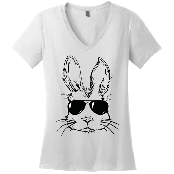 Easter Day Bunny Face With Sunglasses Easter Women's V-Neck T-Shirt