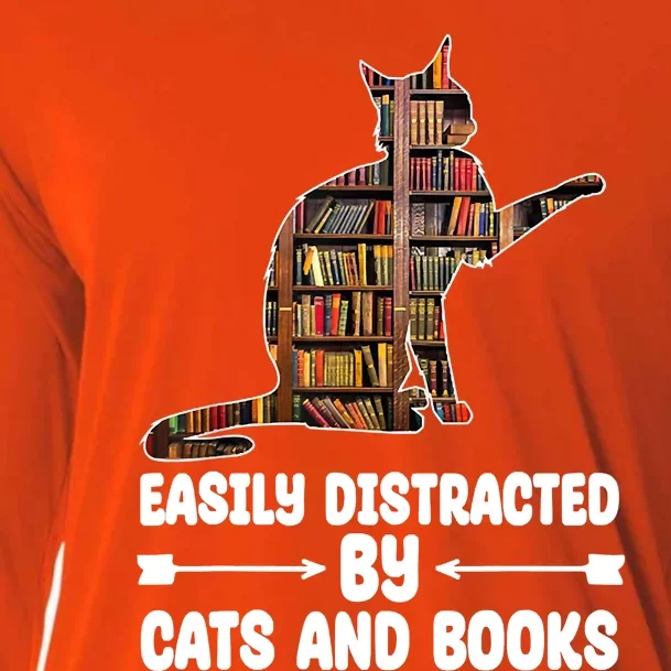 Easily Distracted By Cats And Books Funny Cat Lover Cooling Performance Long Sleeve Crew