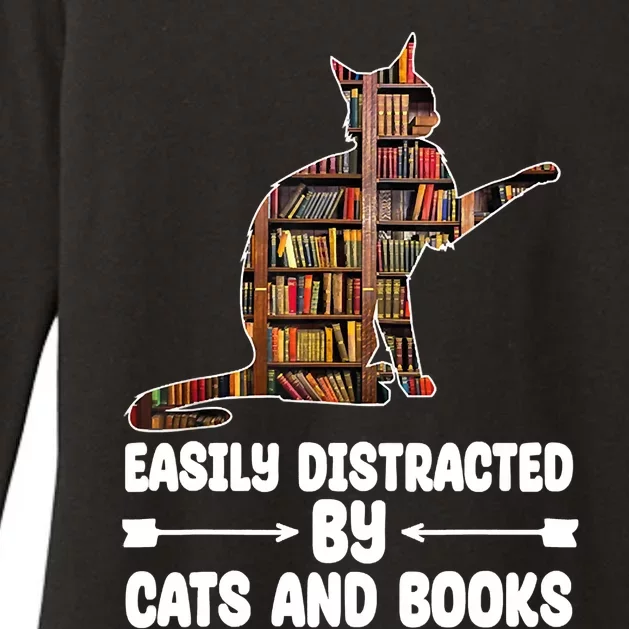 Easily Distracted By Cats And Books Funny Cat Lover Womens CVC Long Sleeve Shirt