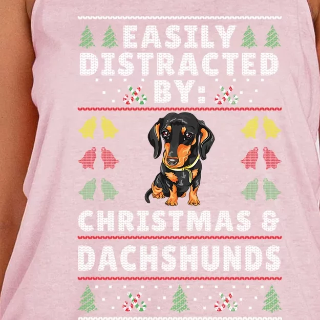 Easily Distracted By Christmas And Dogs Christmas Dachshund Funny Gift Women's Knotted Racerback Tank