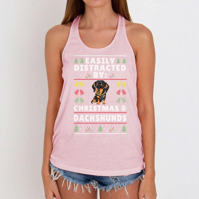 Easily Distracted By Christmas And Dogs Christmas Dachshund Funny Gift Women's Knotted Racerback Tank