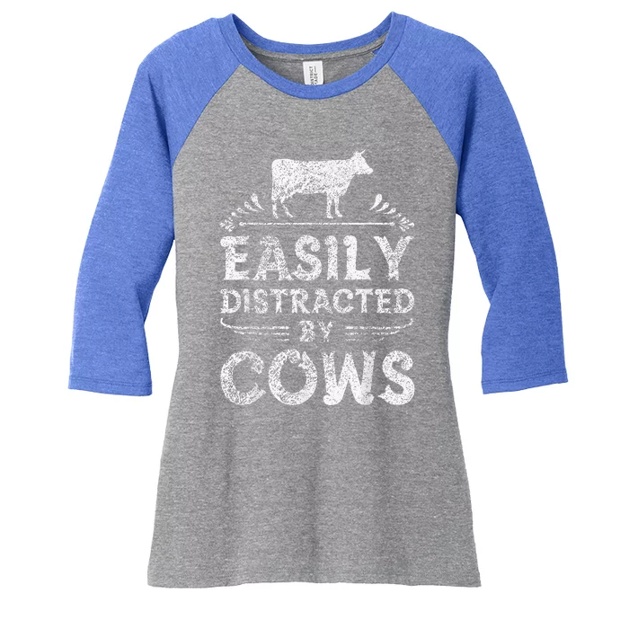 Easily Distracted By Cows Funny Cow Farmer Gifts Women's Tri-Blend 3/4-Sleeve Raglan Shirt