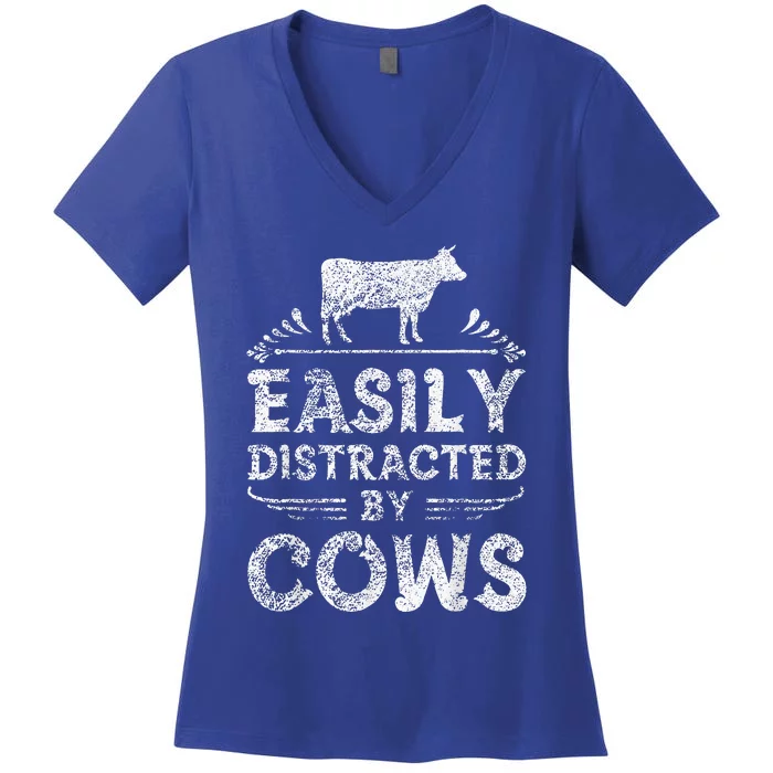 Easily Distracted By Cows Funny Cow Farmer Gifts Women's V-Neck T-Shirt