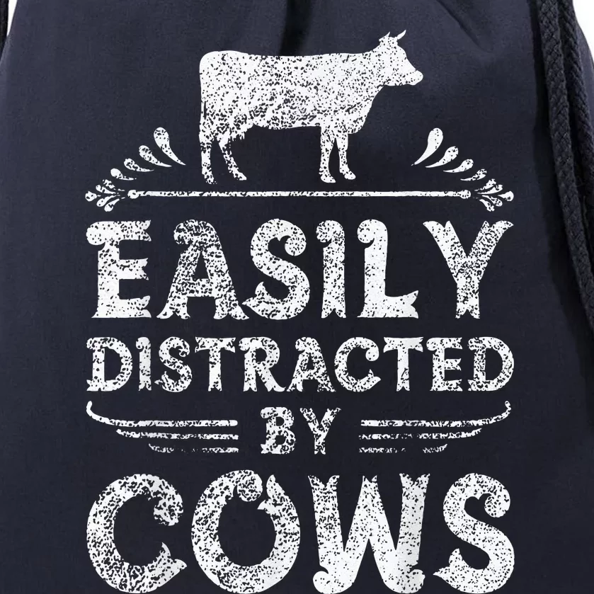 Easily Distracted By Cows Funny Cow Farmer Gifts Drawstring Bag