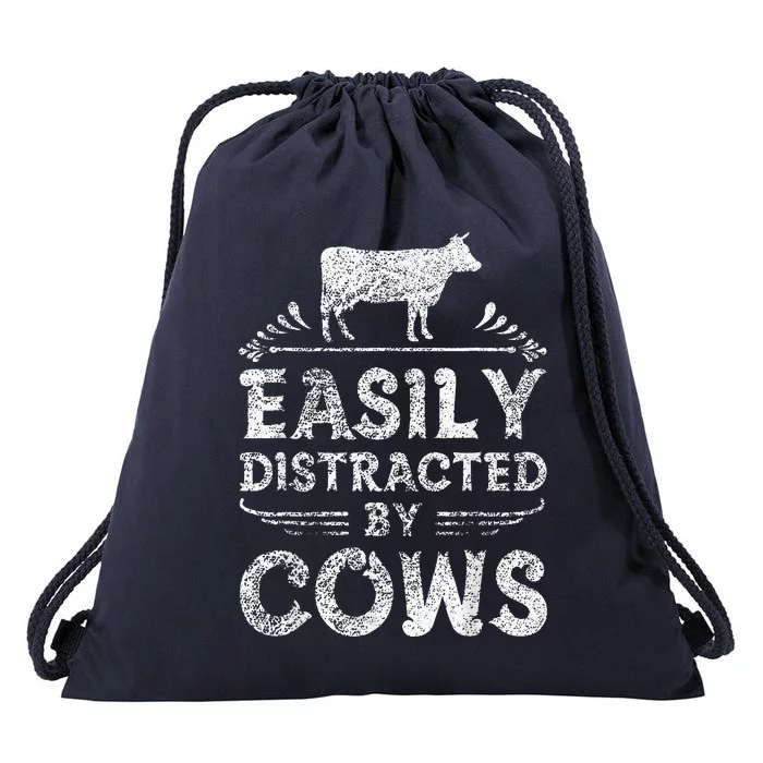 Easily Distracted By Cows Funny Cow Farmer Gifts Drawstring Bag