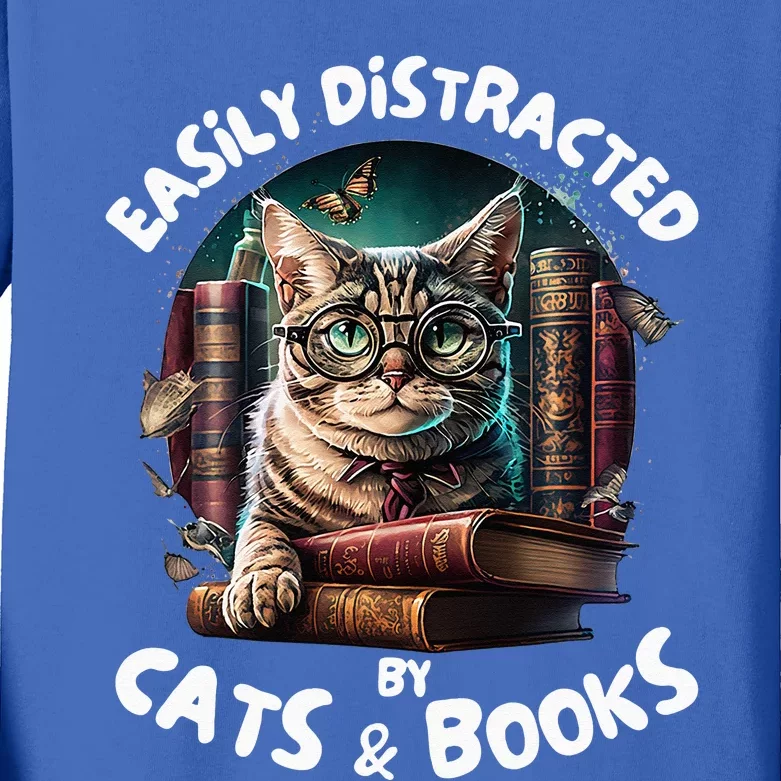 Easily Distracted By Cats And Books Librarians Bibliophiles Kids Long Sleeve Shirt