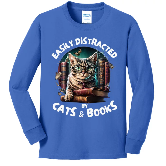 Easily Distracted By Cats And Books Librarians Bibliophiles Kids Long Sleeve Shirt