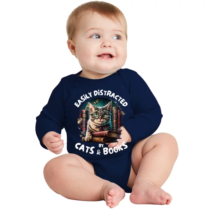 Easily Distracted By Cats And Books Librarians Bibliophiles Baby Long Sleeve Bodysuit