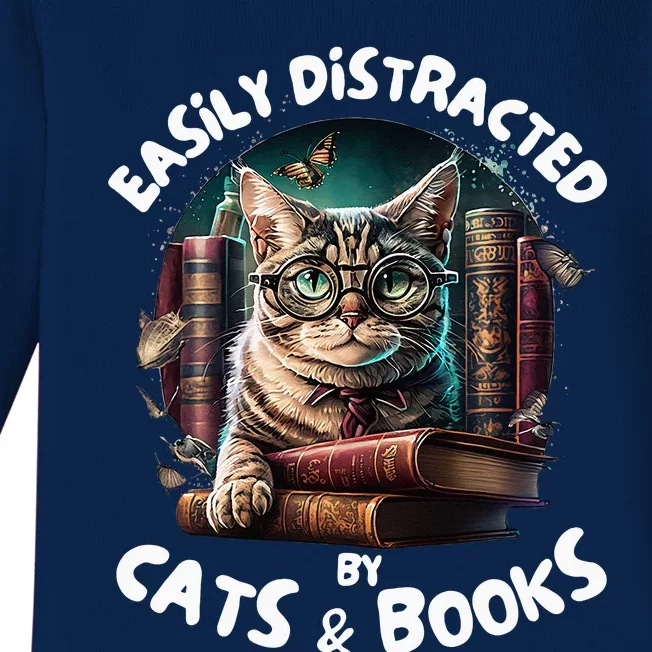 Easily Distracted By Cats And Books Librarians Bibliophiles Baby Long Sleeve Bodysuit