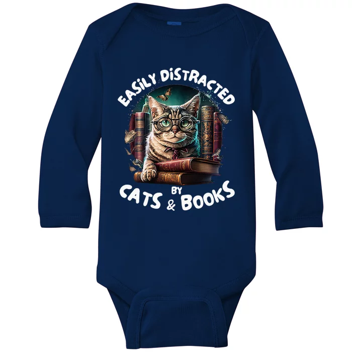 Easily Distracted By Cats And Books Librarians Bibliophiles Baby Long Sleeve Bodysuit