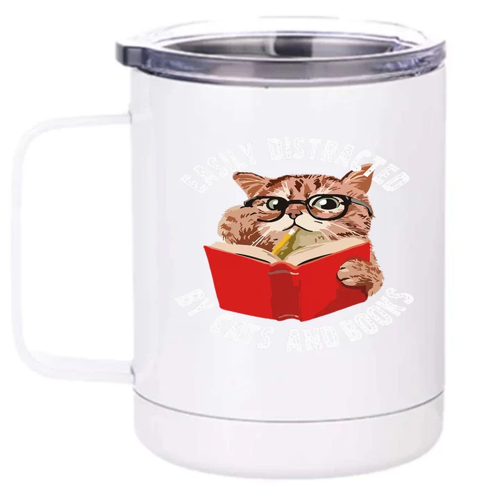 Easily Distracted by Cats and Books - Funny Cat & Book Lover Front & Back 12oz Stainless Steel Tumbler Cup