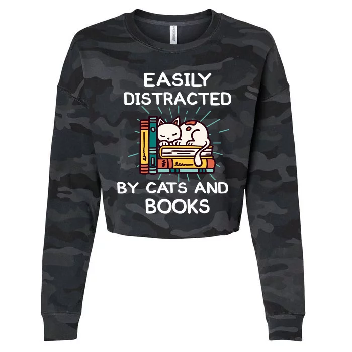 Easily distracted by cats and books Reading cats Main coon Cropped Pullover Crew