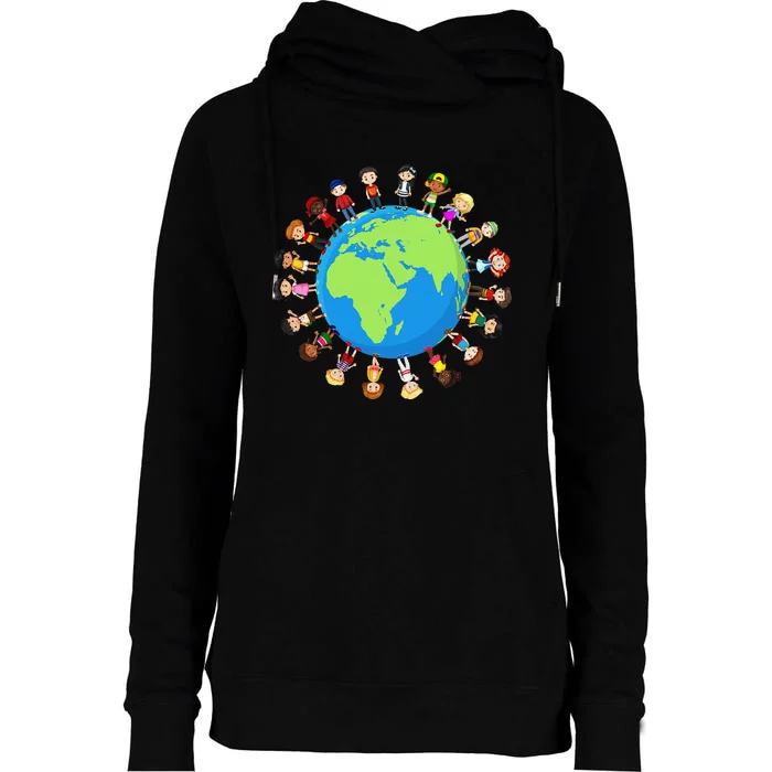 Earth Day Children Around the World Environmentalist Womens Funnel Neck Pullover Hood