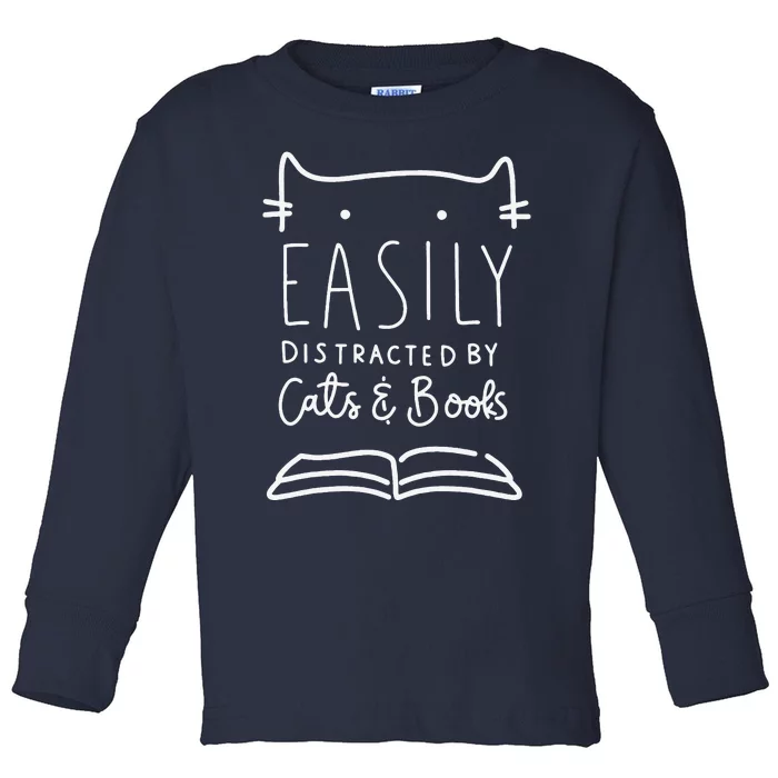 Easily Distracted Cats And Books Funny Gift For Cat Lovers Toddler Long Sleeve Shirt