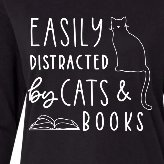 Easily Distracted Cats And Books Funny Gift For Cat Lovers Cool Gift Womens Cotton Relaxed Long Sleeve T-Shirt