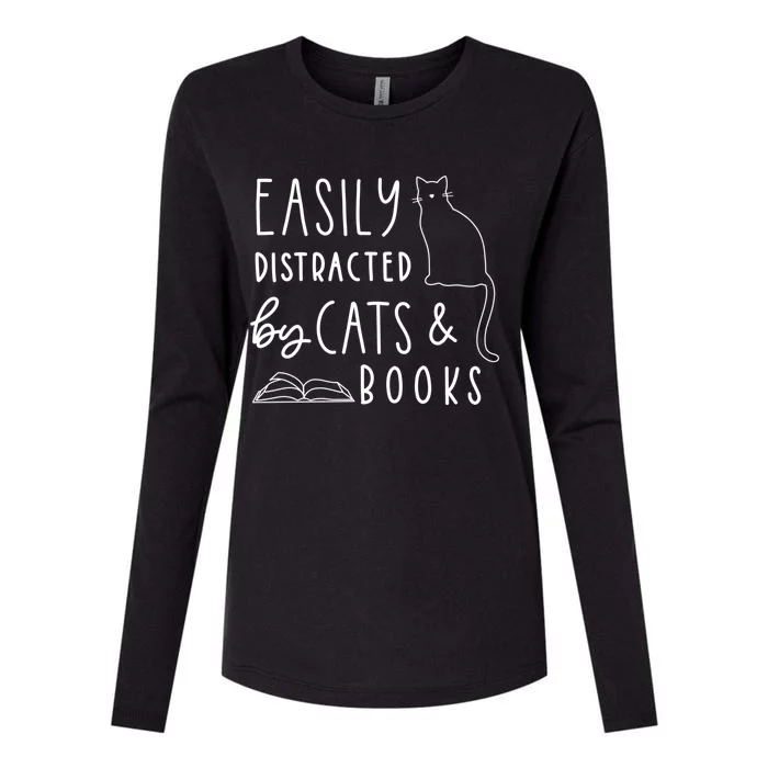 Easily Distracted Cats And Books Funny Gift For Cat Lovers Cool Gift Womens Cotton Relaxed Long Sleeve T-Shirt