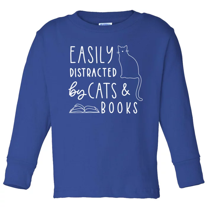 Easily Distracted Cats And Books Funny Gift For Cat Lovers Cool Gift Toddler Long Sleeve Shirt