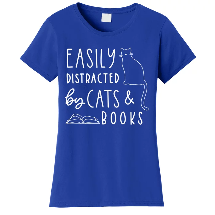 Easily Distracted Cats And Books Funny Gift For Cat Lovers Cool Gift Women's T-Shirt