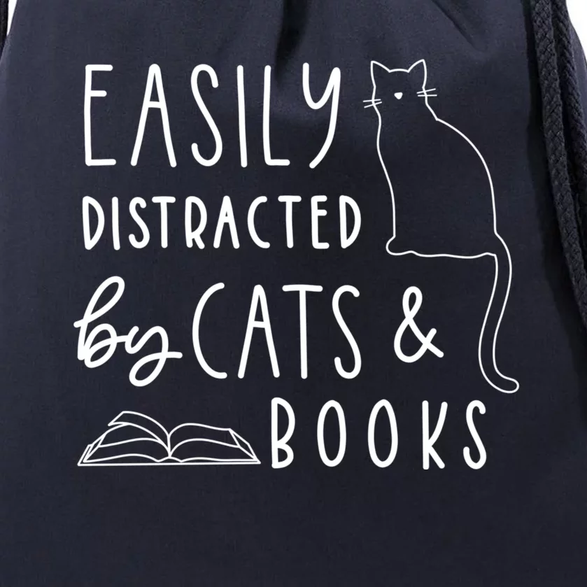 Easily Distracted Cats And Books Funny Gift For Cat Lovers Cool Gift Drawstring Bag