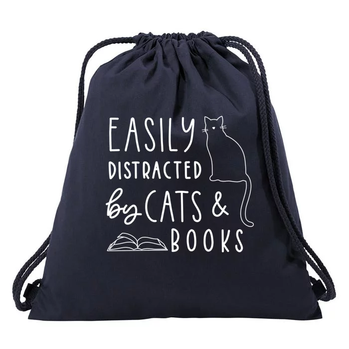 Easily Distracted Cats And Books Funny Gift For Cat Lovers Cool Gift Drawstring Bag