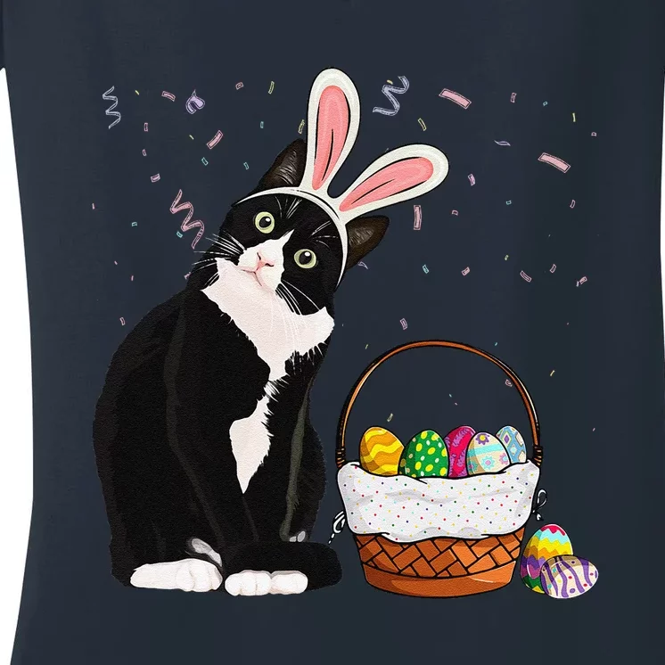 Easter Day Cat Bunny Ears Eggs Funny Easter Rabbit Women's V-Neck T-Shirt