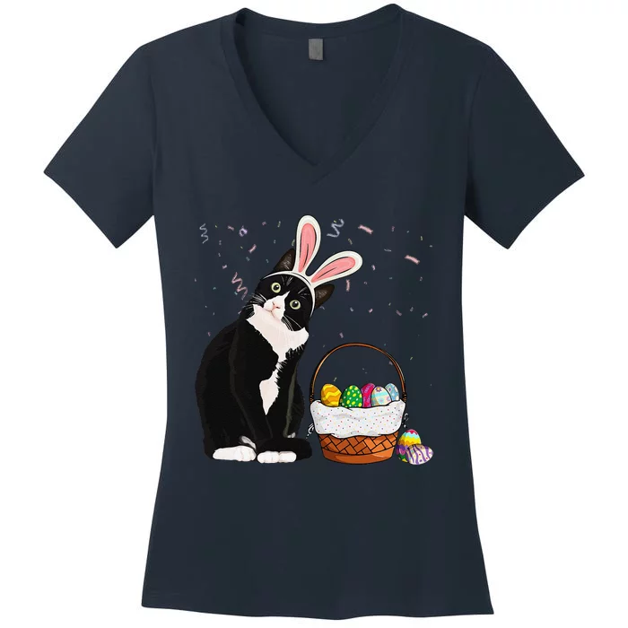 Easter Day Cat Bunny Ears Eggs Funny Easter Rabbit Women's V-Neck T-Shirt