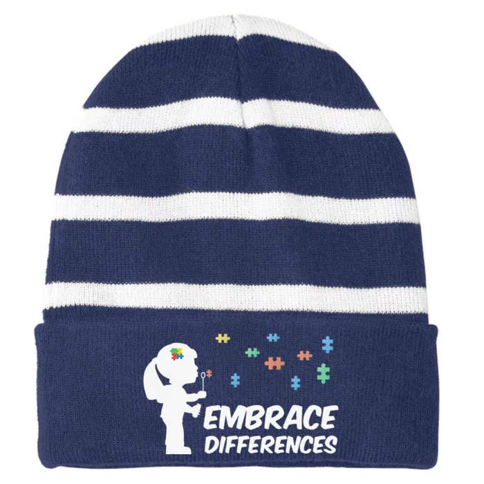 Embrace Differences Cute Gift Autism Awareness Striped Beanie with Solid Band