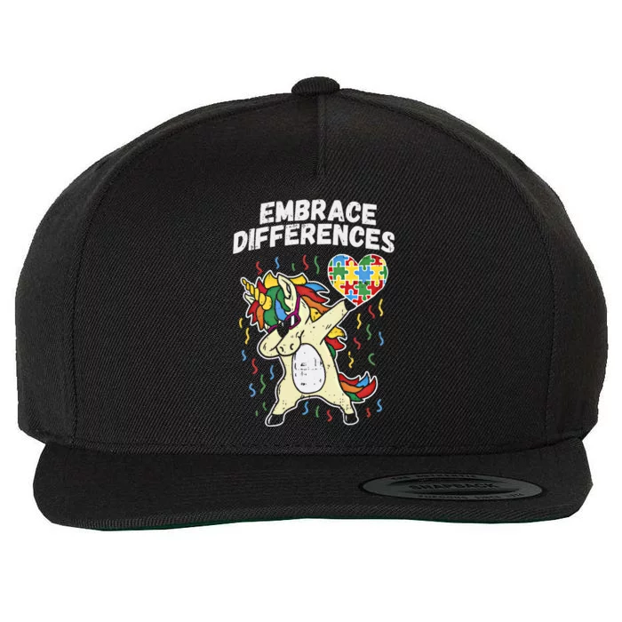 Embrace Differences Dabbing Unicorn Gift Autism Awareness Funny Gift Wool Snapback Cap