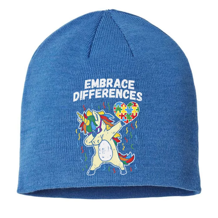 Embrace Differences Dabbing Unicorn Gift Autism Awareness Funny Gift 8 1/2in Sustainable Knit Beanie