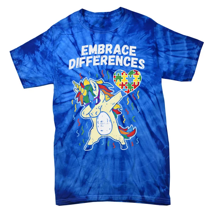 Embrace Differences Dabbing Unicorn Gift Autism Awareness Funny Gift Tie-Dye T-Shirt