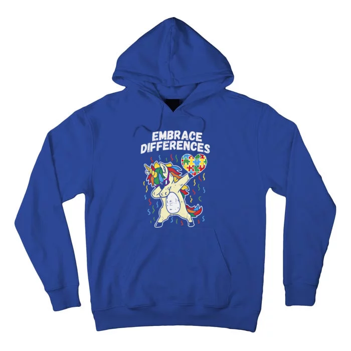 Embrace Differences Dabbing Unicorn Gift Autism Awareness Funny Gift Tall Hoodie