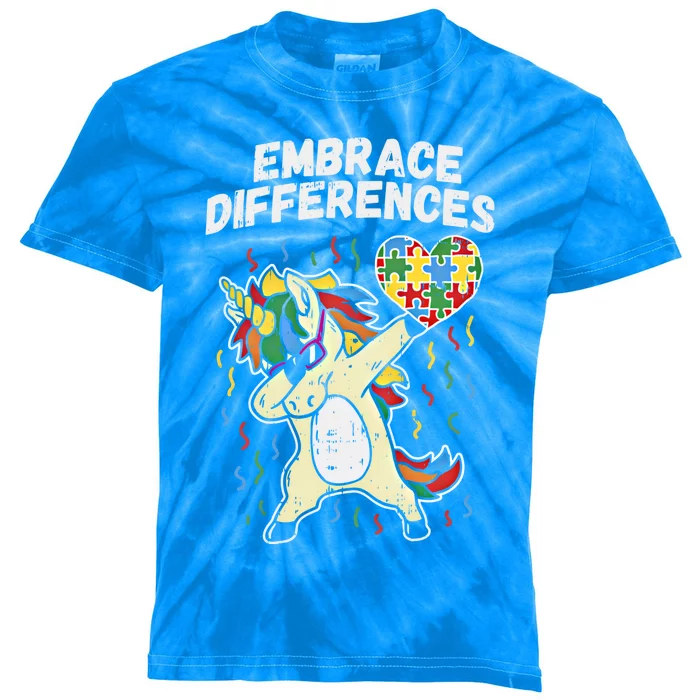 Embrace Differences Dabbing Unicorn Gift Autism Awareness Funny Gift Kids Tie-Dye T-Shirt