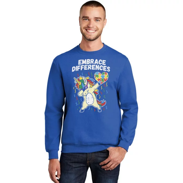 Embrace Differences Dabbing Unicorn Gift Autism Awareness Funny Gift Tall Sweatshirt