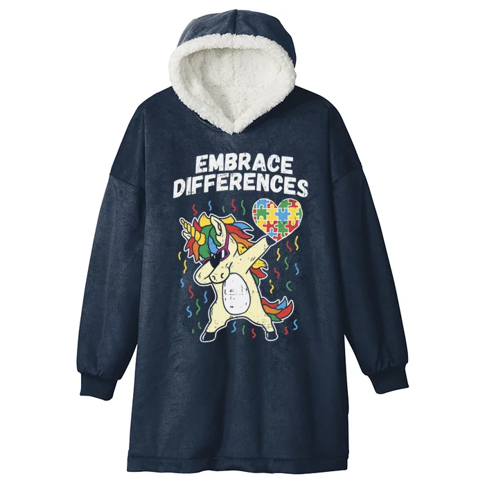 Embrace Differences Dabbing Unicorn Gift Autism Awareness Funny Gift Hooded Wearable Blanket