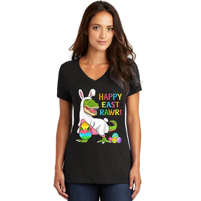 Easter Day Dinosaur Funny Happy Eastrawr T Rex Easter Women's V-Neck T-Shirt