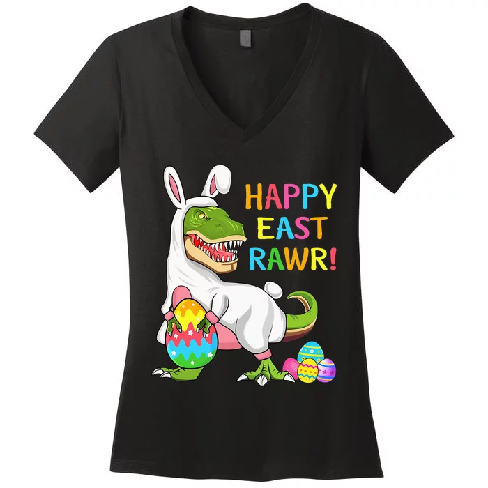 Easter Day Dinosaur Funny Happy Eastrawr T Rex Easter Women's V-Neck T-Shirt