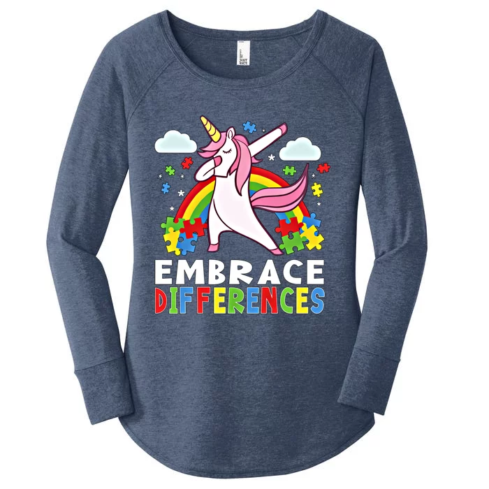 Embrace Differences Dabbing Unicorn Autism Awareness Month Gift Women's Perfect Tri Tunic Long Sleeve Shirt