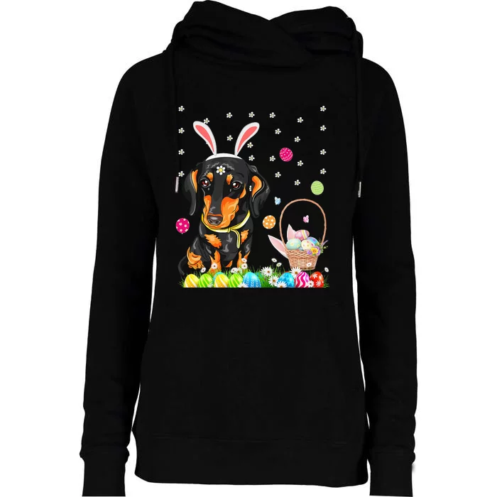 Easter Dog Dachshund With Easter Eggs Basket Womens Funnel Neck Pullover Hood