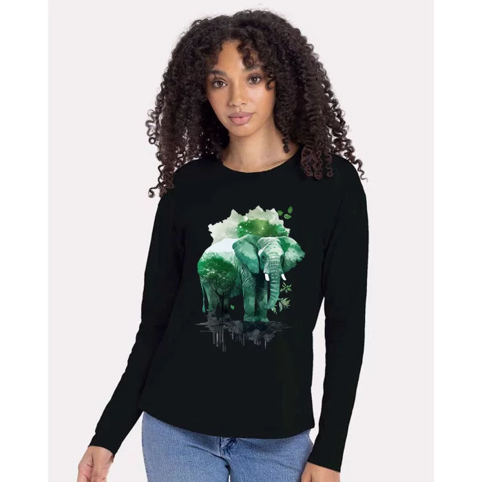 Earth Day Elephant Watercolor Art Green Theme Restore Earth Cute Gift Womens Cotton Relaxed Long Sleeve T-Shirt