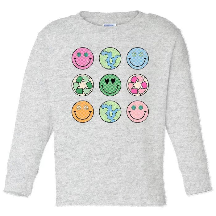 Earth Day Everyday Groovy Face Recycle Save Our Planet Toddler Long Sleeve Shirt