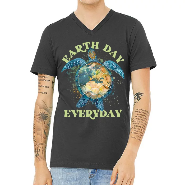 Earth Day Everyday Watercolor Sea Turtle Earth V-Neck T-Shirt